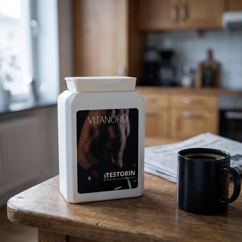 En burk VitaNord Testorin på köksbordet med en kopp kaffe