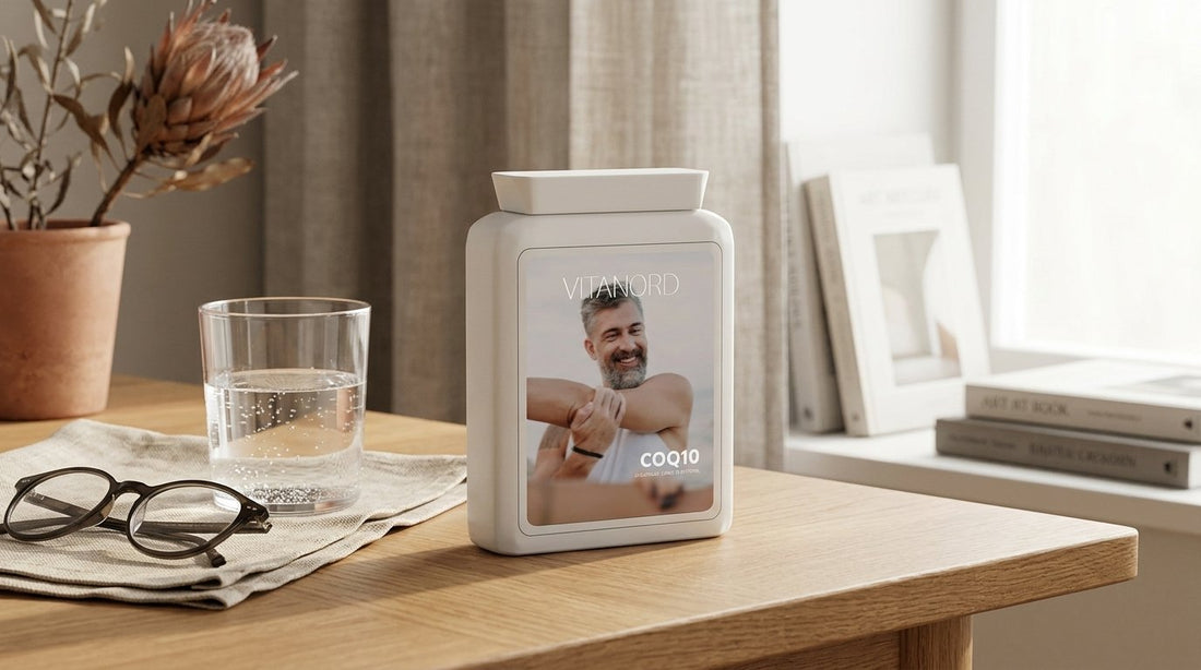 Q10-burk från VitaNord på ett ekbord bredvid ett vattenglas och läsglasögon