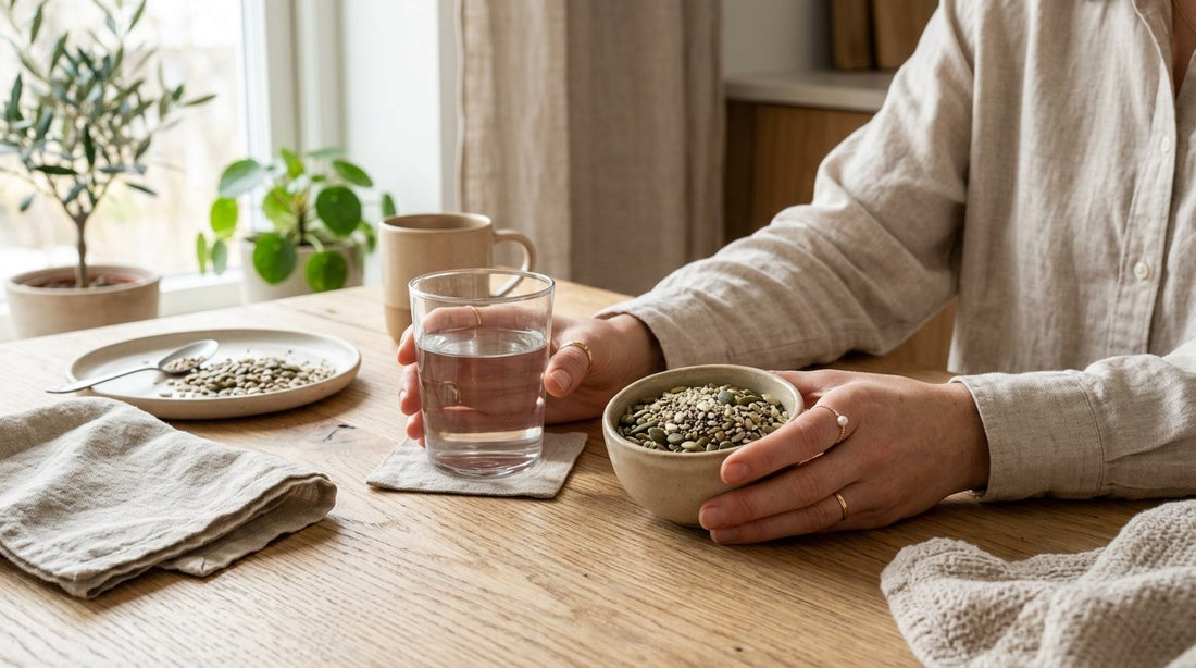 Händer med vattenglas och skål med frön på ljust träbord i morgonljus