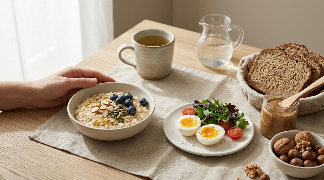 Frukostbord med ägg, havre, nötter och gröna blad rikt på B-vitaminer
