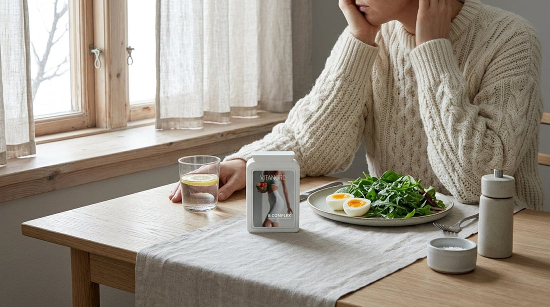 Trött person vid köksbord med ägg och gröna blad, symtom på B12-brist