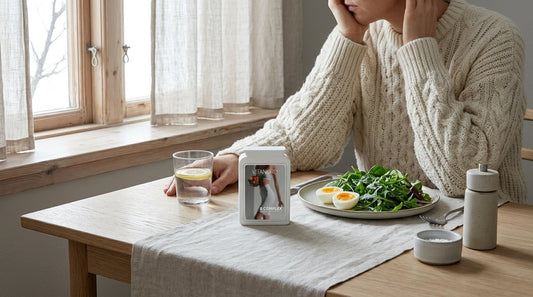 Trött person vid köksbord med ägg och gröna blad, symtom på B12-brist