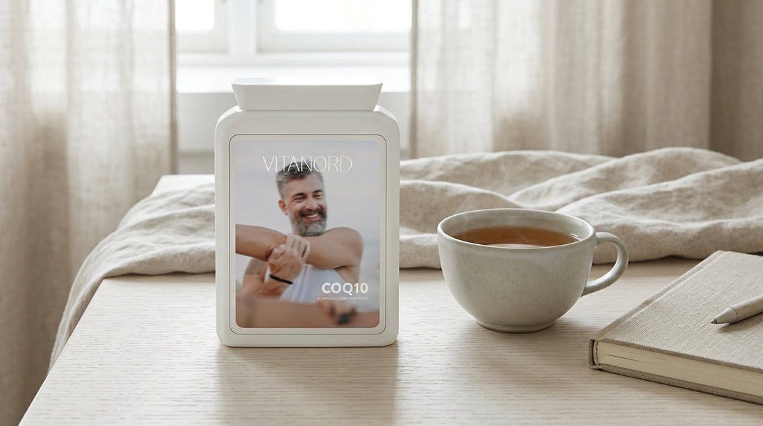 Q10-burk från VitaNord på ett ljust träbord bredvid en kopp te i morgonljus