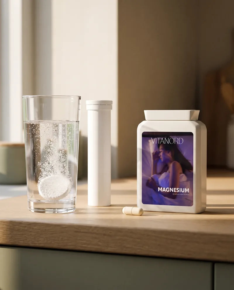 En brustablett i ett vattenglas bredvid en burk Vitanord Magnesium