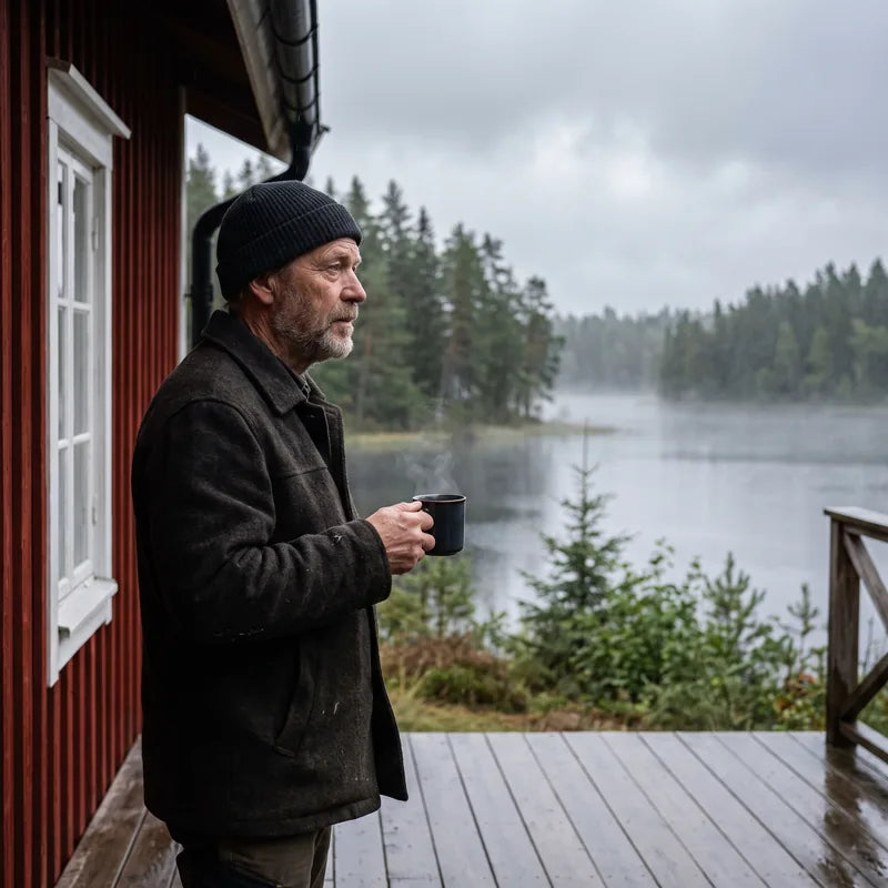 Man med en kopp på verandan vid en sjö