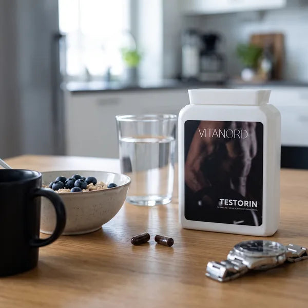 Burk VitaNord Testorin vid frukostbordet med havregrynsgröt, vatten och kaffe