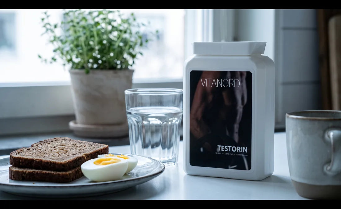 Burk VitaNord Testorin på köksbänken med ett glas vatten och frukost